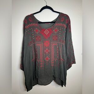 Johnny Was Charcoal and Crimson Embroidered Tunic